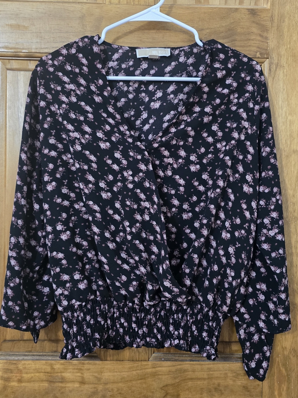 Michael Kors Black Wrap Blouse with Pink Floral Print L WOMEN